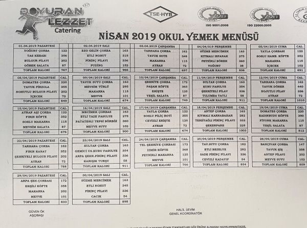 Nisan Ayı Yemekhane Yemek Listesi